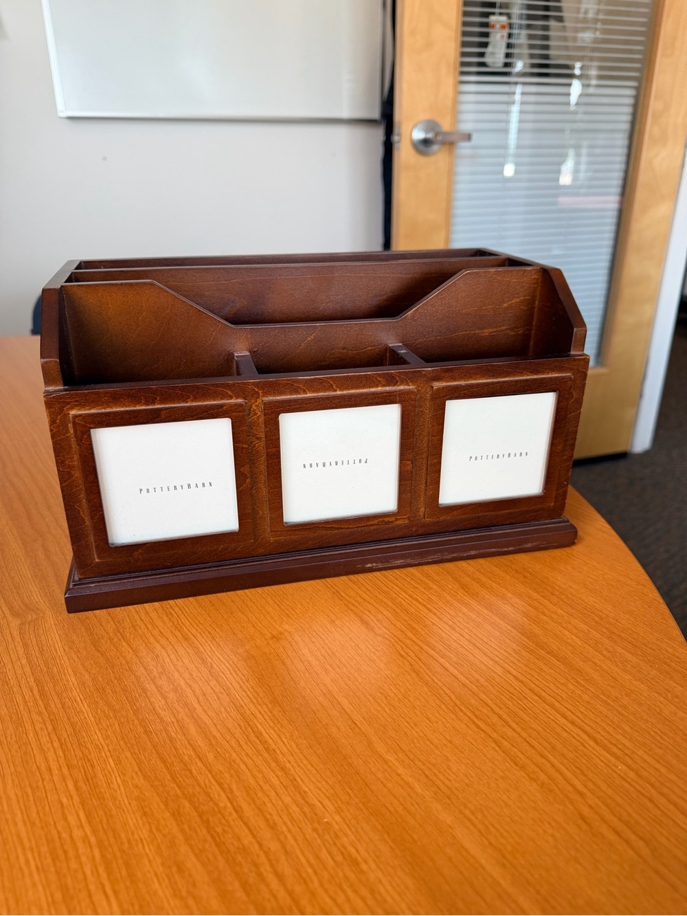 Pottery Barn Brown Wood Desk Organizer with Three Photo Slots